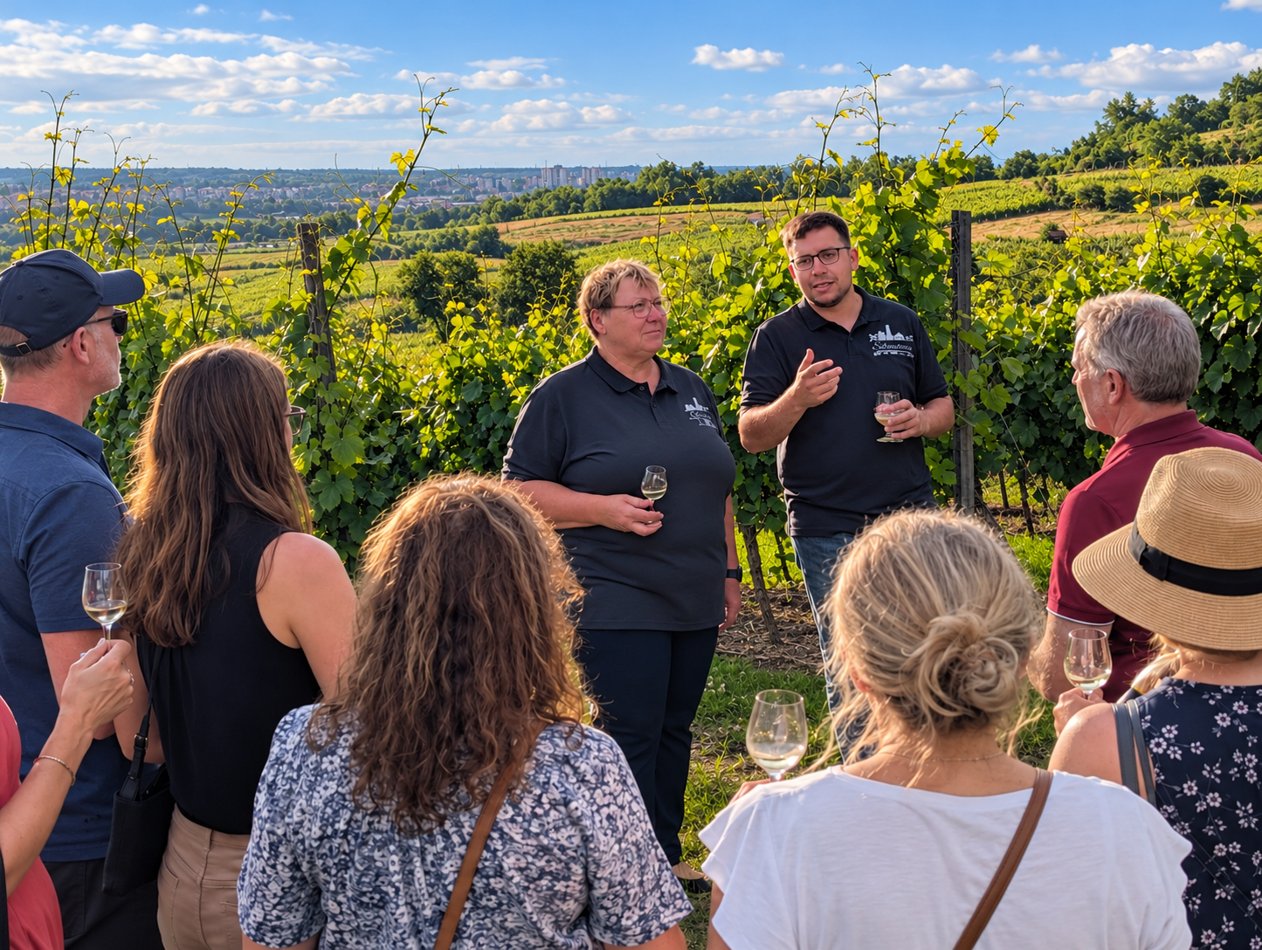 Weinprobe mit einer Gruppe im sonnigen Weinberg an der Bergstraße